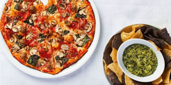 Heart shaped pizza with Spinach Dip at California Pizza Kitchen