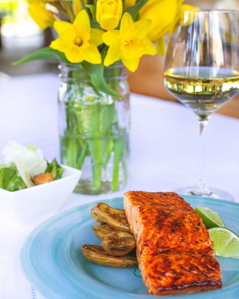 California Pizza Kitchen Salmon and wine