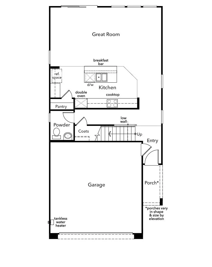 1832-1 Black and white floor plan of Plan 1832 at Caldwell Park by KB Home, featuring a garage, porch, entry, coat closet, powder room, pantry, kitchen with breakfast bar, great room, tankless water heater, and stairs leading up.