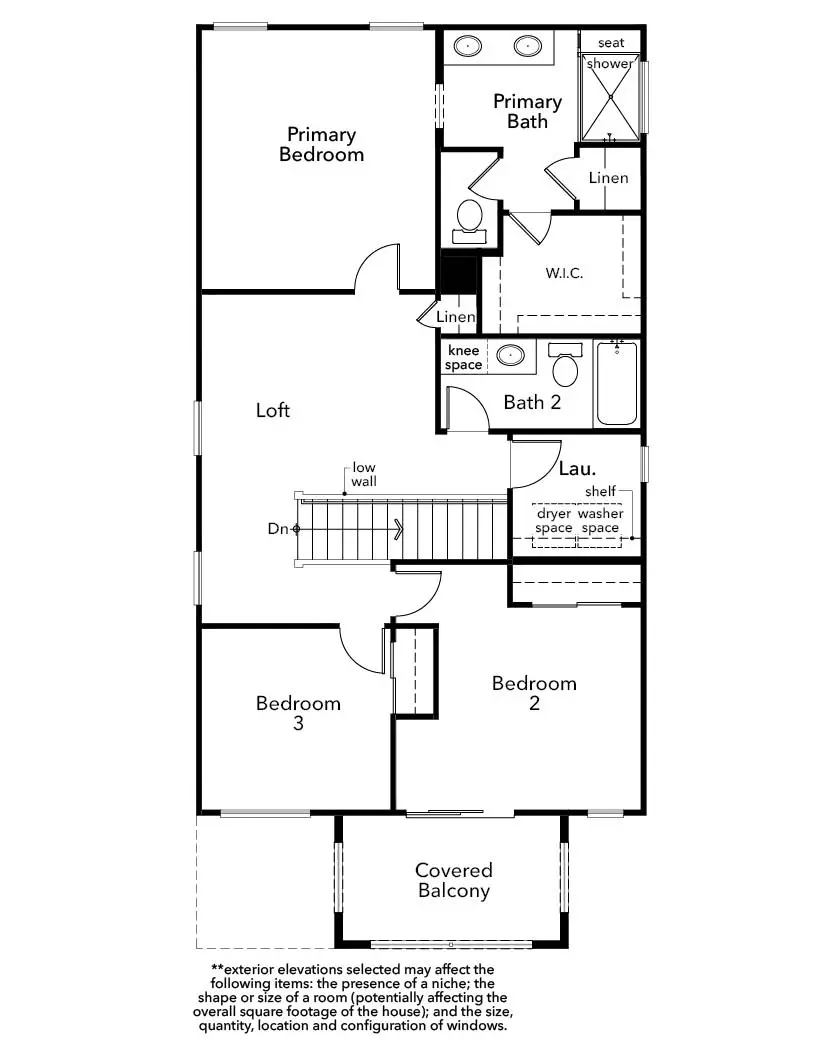 1832-2 Black and white floor plan of Plan 1832 at Caldwell Park by KB Home, showing three bedrooms, two bathrooms, a loft, laundry area, linen closets, walk-in closet, and a covered balcony. Room labels and some fixtures are indicated.