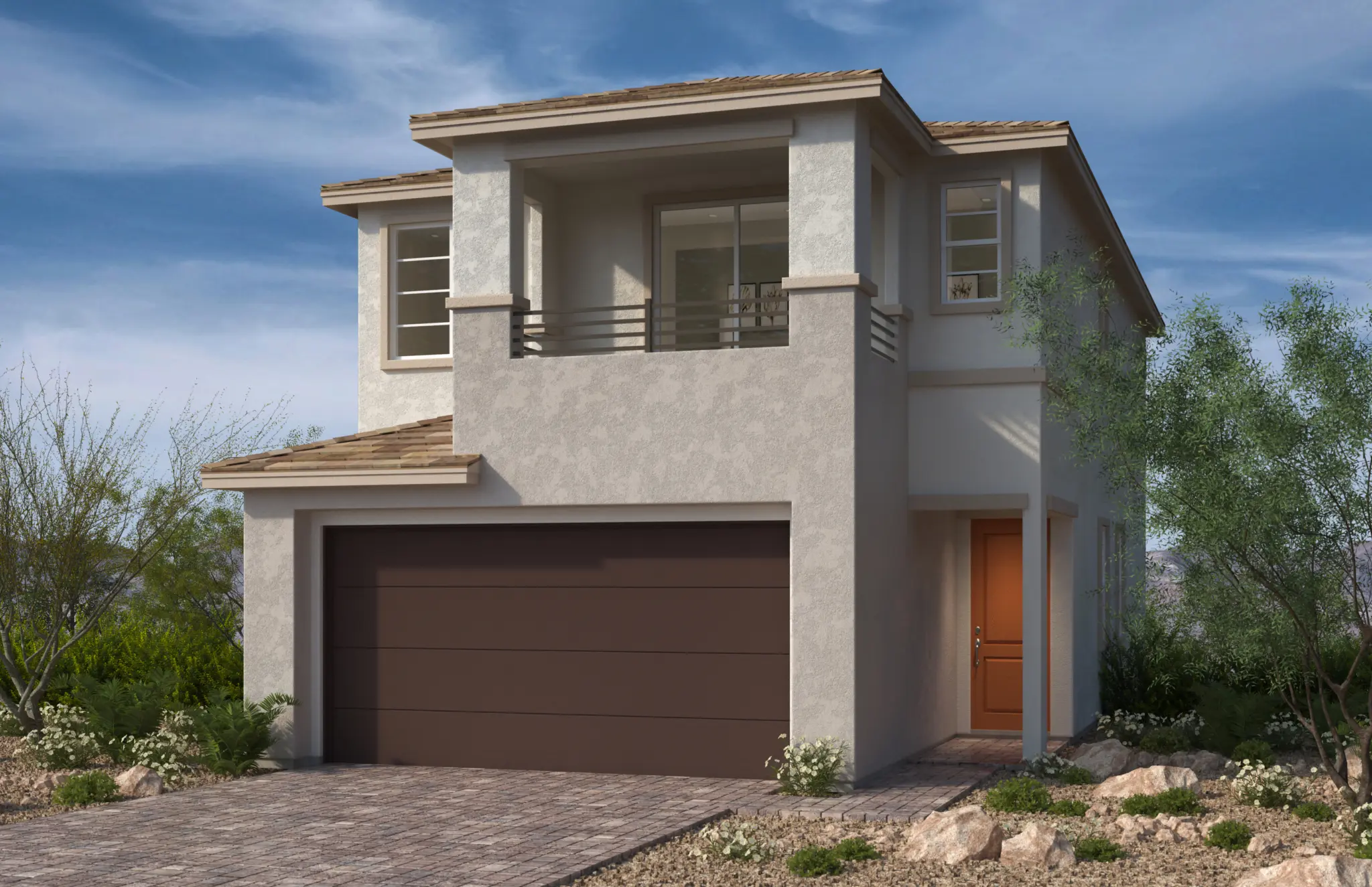 1832-A_sch1-2048×1325 Modern two-story house with a beige stucco exterior, brown tile roof, two-car garage with a dark brown door, small balcony, paved driveway, and desert landscaping—discover Plan 1832 at Caldwell Park by KB Home.
