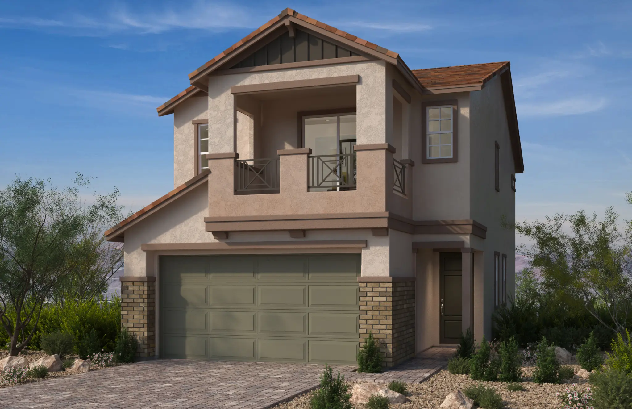 1832-B_sch5-2048×1325 Plan 1832 at Caldwell Park by KB Home is a two-story modern suburban house with a tiled roof, beige stucco exterior, brick accents, and a green double garage door. The home features a balcony above the garage and desert landscaping with shrubs.