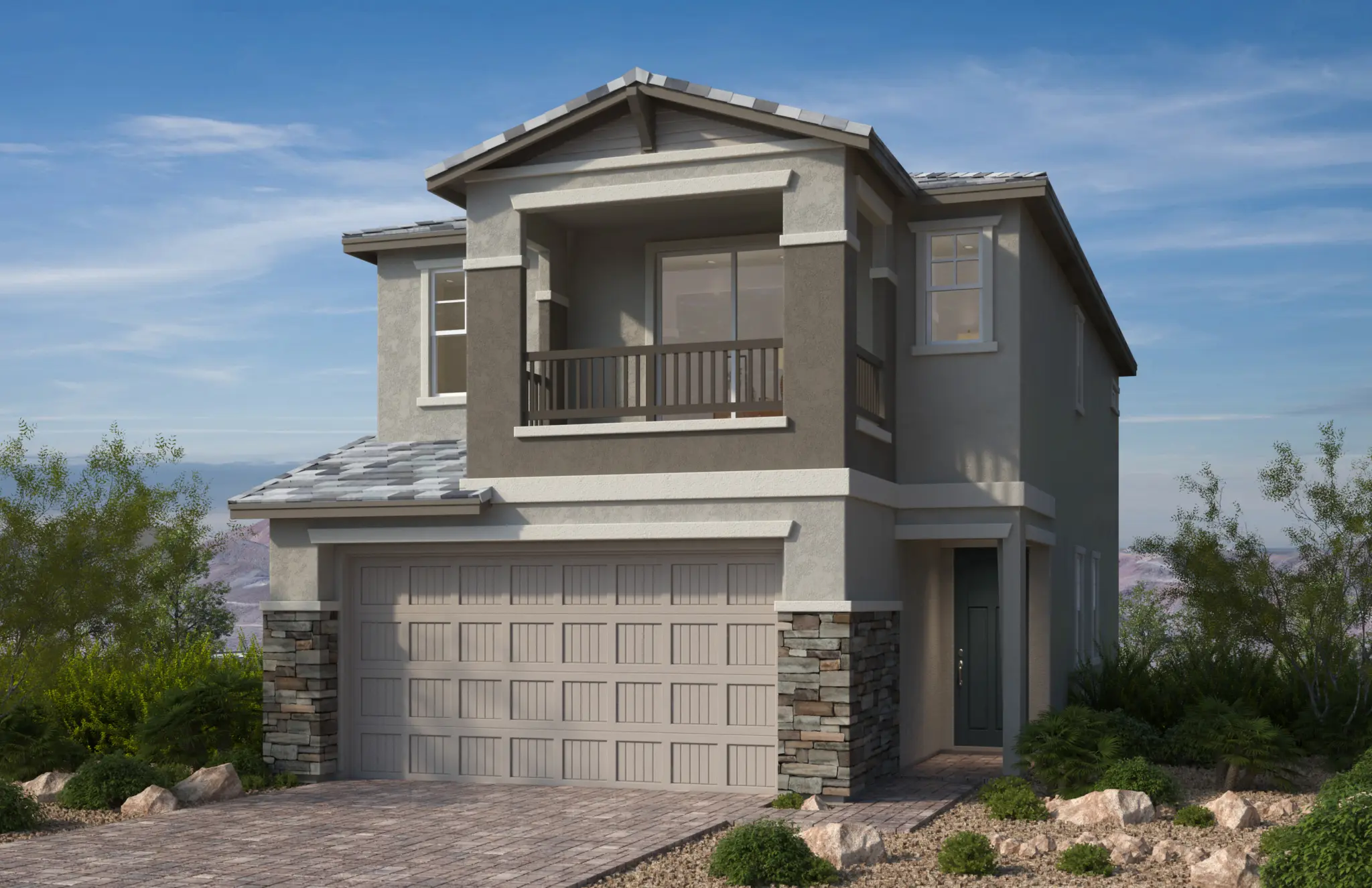 1832-C_sch9-2048×1325 Two-story modern house with a gray exterior, small front porch, and stone accents. Plan 1832 at Caldwell Park by KB Home features a double garage, balcony above the garage, and landscaping with rocks and shrubs.