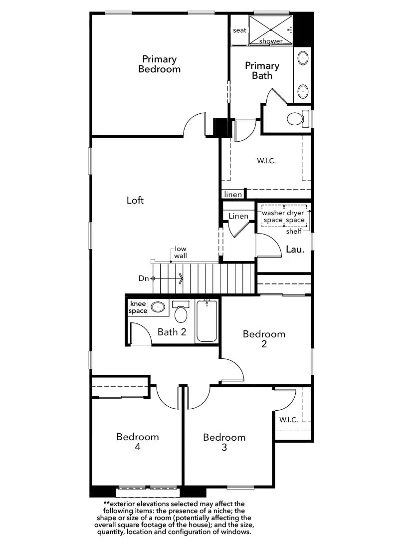 2070-2 Black and white floor plan for Plan 2070 at Caldwell Park by KB Home, featuring four bedrooms, three bathrooms, a loft, laundry room, linen closets, and walk-in closets. Primary suite and bath are at the top; bedrooms 2–4 are at the bottom.