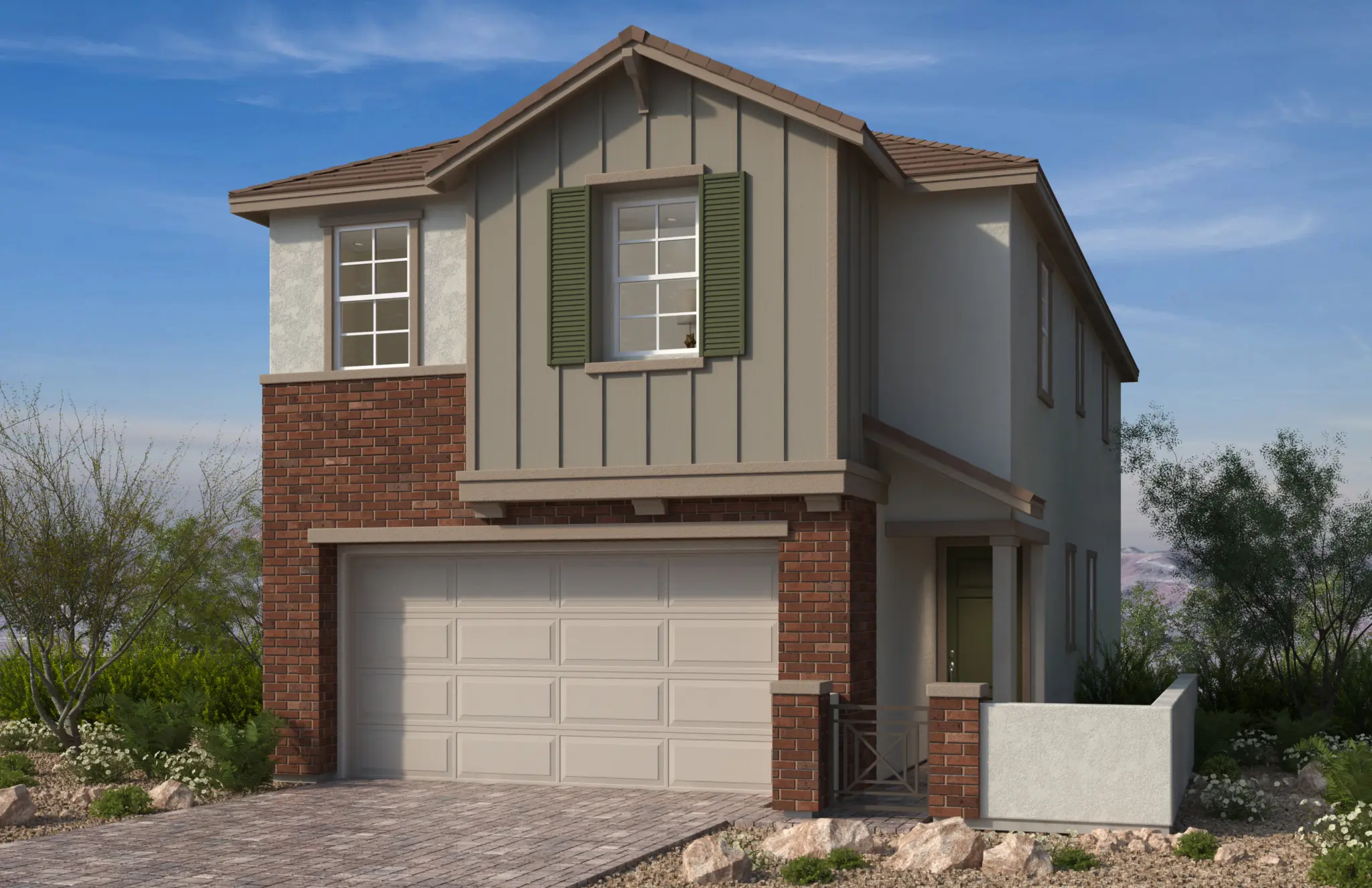 2070-B_sch6-2048×1325 Plan 2070 at Caldwell Park by KB Home features a two-story modern house with brick and siding, green shutters on the upper window, a double garage door, and a cozy front porch amid desert landscaping under a clear blue sky.