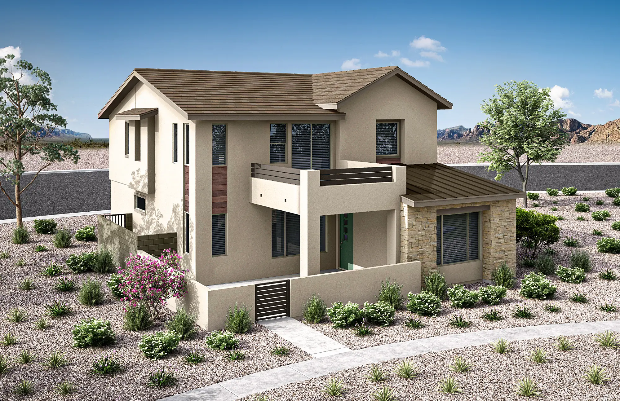 05_TP-LV-Aberdeen_Collection_ONE_HT_P2B_CS_05_dd9zgc A modern two-story house with beige exterior, flat and sloped roofs, large windows, and a balcony. The yard features desert landscaping with rocks, shrubs, and small trees under a clear blue sky.