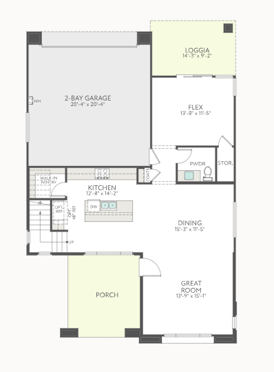 first-floor-1 A floor plan of a houses first level showing a 2-bay garage, kitchen, dining room, great room, porch, loggia, flex room, powder room, storage, and stairs. Room dimensions are labeled throughout.