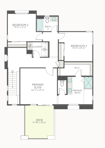second-floor-1 Floor plan of a house with three bedrooms, two bathrooms, a laundry room, and a deck. The primary suite has a walk-in closet and en suite bath. The deck is accessible from the main living area.