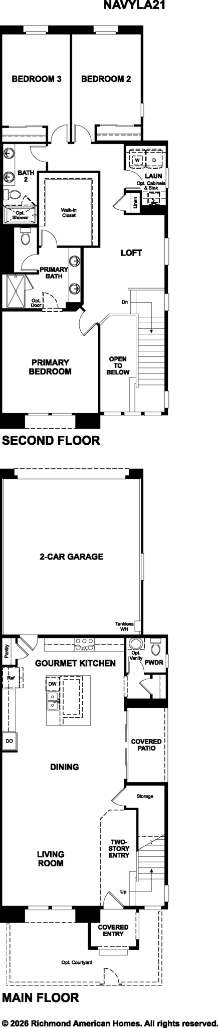 NavyLA21_print_03_25_26-435×2048 Black-and-white floor plan of a two-story house labeled NAVLA21. The main floor has a garage, kitchen, dining, living, powder room, and patio. The second floor has 3 bedrooms, 2 baths, a loft, laundry, and open railing to the floor below.