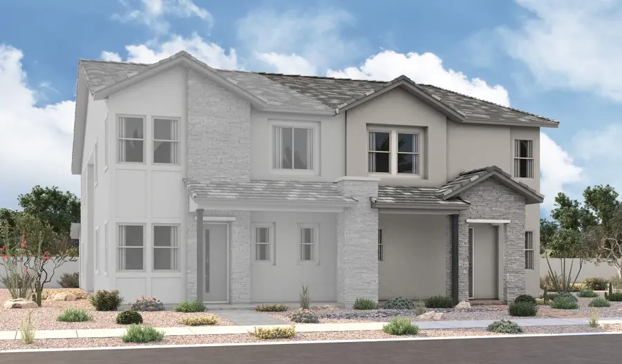 Nina-1-Elevation-B A modern two-story house with gray stone and beige siding, large windows, and a landscaped front yard with rocks and desert plants under a blue sky with scattered clouds.