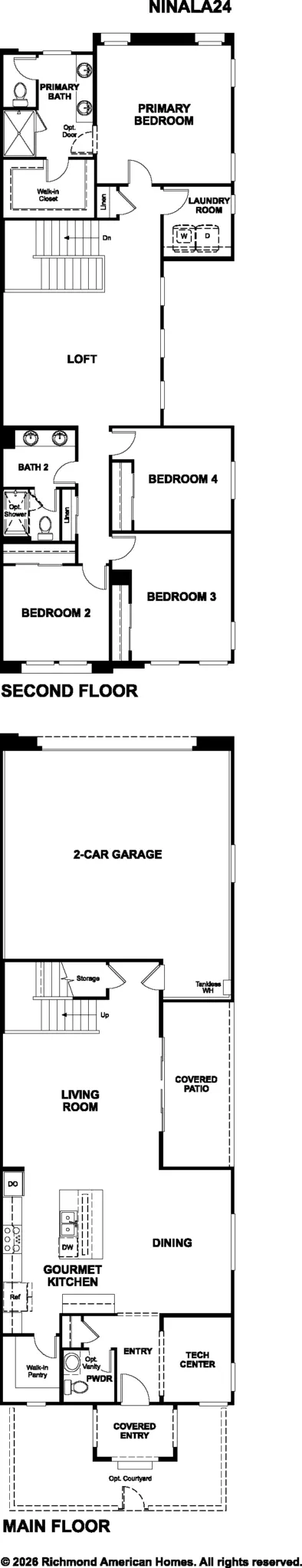 NinaLA24_print_03_25_26-394×2048 Black and white floor plan of a two-story house showing a main floor with a garage, kitchen, dining, living room, patio, and powder room, and a second floor with a loft, four bedrooms, two bathrooms, and a laundry area.