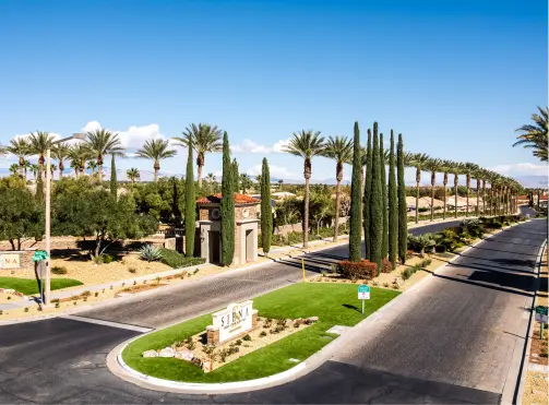 A wide street lined with tall palm trees and manicured greenery leads to a gated residential entrance with a sign that reads Siena. The sky is clear and blue, suggesting a sunny day.